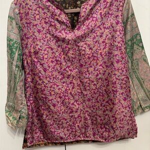 Floral silk Indian Tunic - reversible  Pink and Green Women's Top
